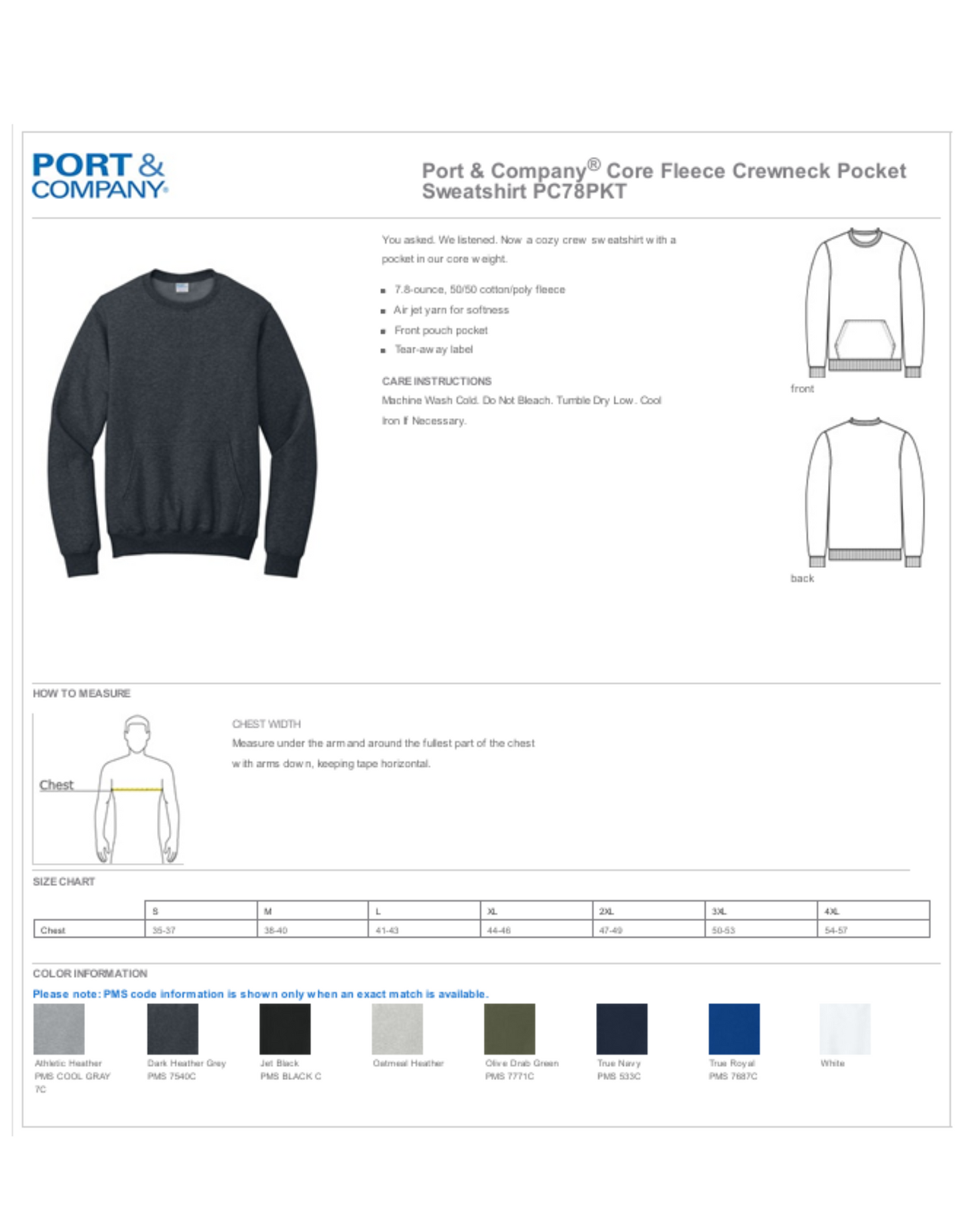 ADULT UNISEX PORT & COMPANY CREWNECK SWEATSHIRT WITH POCKET / GAPAN